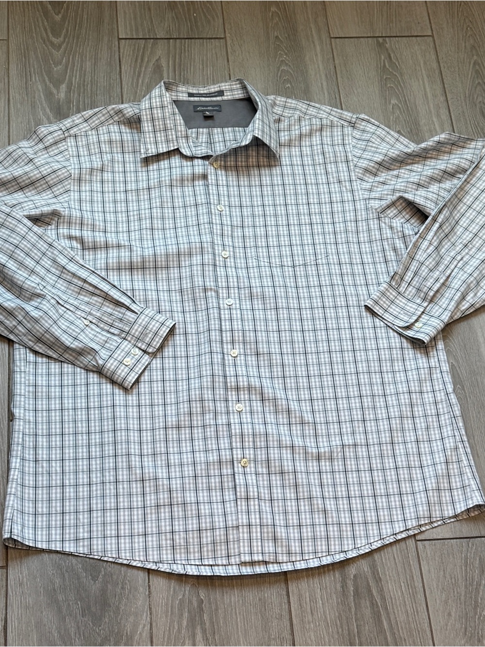 Eddie Bauer Men’s Gray and White Plaid Dress Shirt